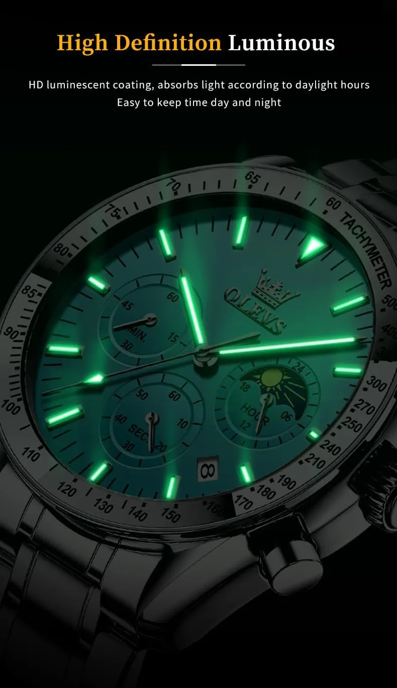 OLEVS Men Skeleton Watches Stainless Steel Analog Quartz Moon Phase Male Watch, Diamond Multi Calendar Chronograph Watch,Waterproof Wrist Watch for Men