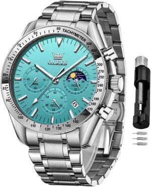 OLEVS Men Skeleton Watches Stainless Steel Analog Quartz Moon Phase Male Watch, Diamond Multi Calendar Chronograph Watch,Waterproof Wrist Watch for Men