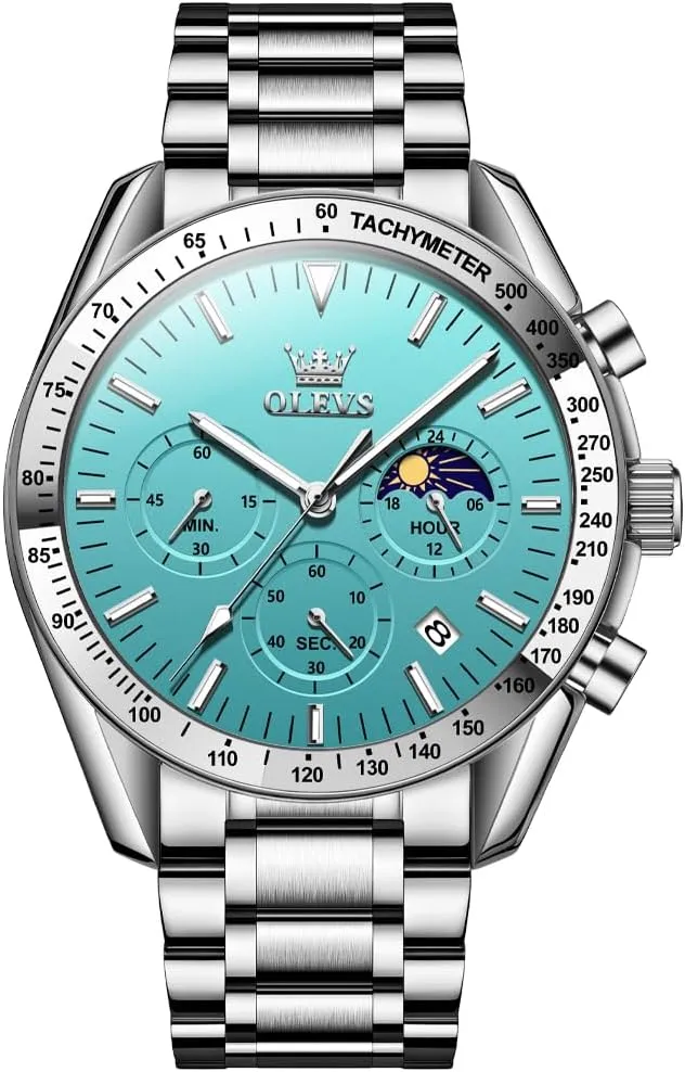 OLEVS Men Skeleton Watches Stainless Steel Analog Quartz Moon Phase Male Watch, Diamond Multi Calendar Chronograph Watch,Waterproof Wrist Watch for Men
