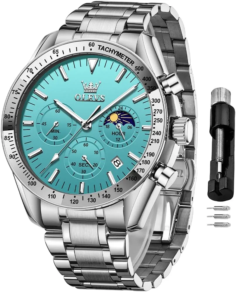 OLEVS Men Skeleton Watches Stainless Steel Analog Quartz Moon Phase Male Watch, Diamond Multi Calendar Chronograph Watch,Waterproof Wrist Watch for Men