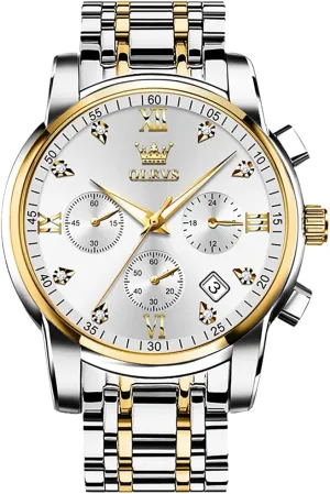OLEVS Men's Stainless Steel Chronograph Watch, Big Face Gold Silver Black Tone Easy to Read Analog Quartz Watch, Luxury Waterproof Date Diamond Roman Arabic Numerals Dial Dress Watch for Men