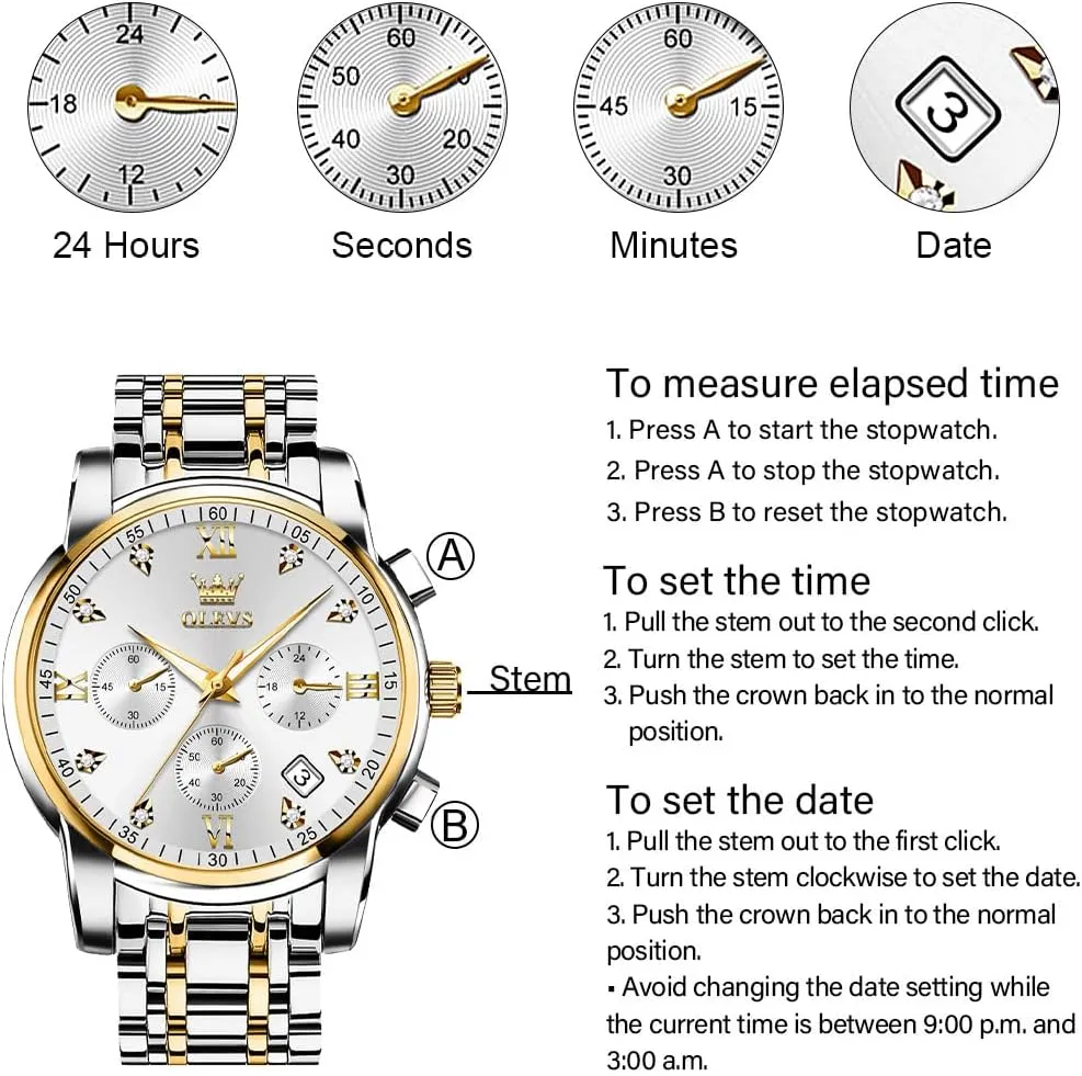OLEVS Men's Stainless Steel Chronograph Watch, Big Face Gold Silver Black Tone Easy to Read Analog Quartz Watch, Luxury Waterproof Date Diamond Roman Arabic Numerals Dial Dress Watch for Men