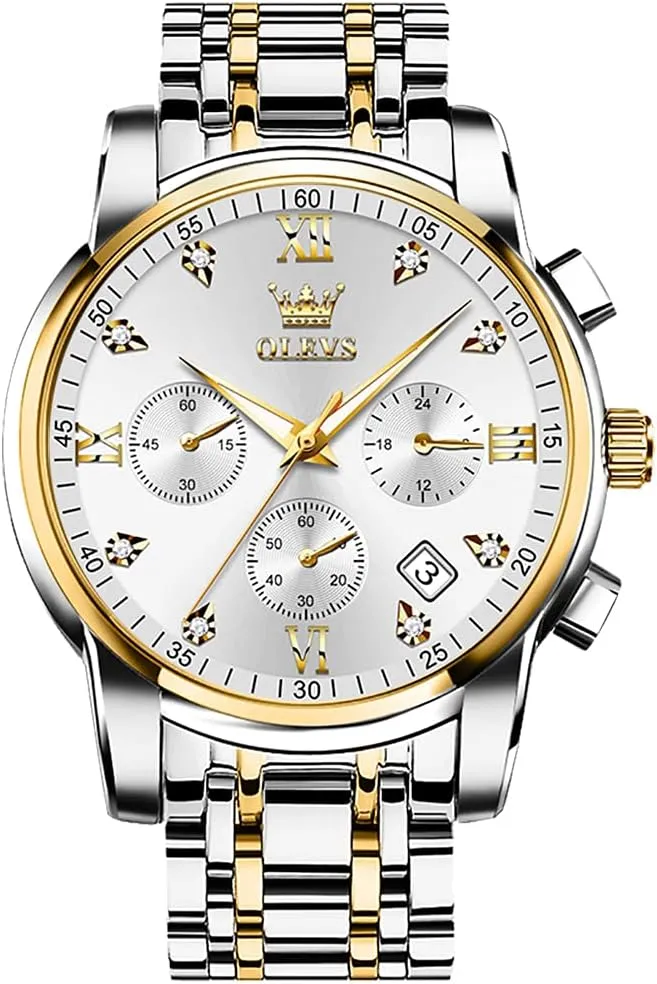 OLEVS Men's Stainless Steel Chronograph Watch, Big Face Gold Silver Black Tone Easy to Read Analog Quartz Watch, Luxury Waterproof Date Diamond Roman Arabic Numerals Dial Dress Watch for Men