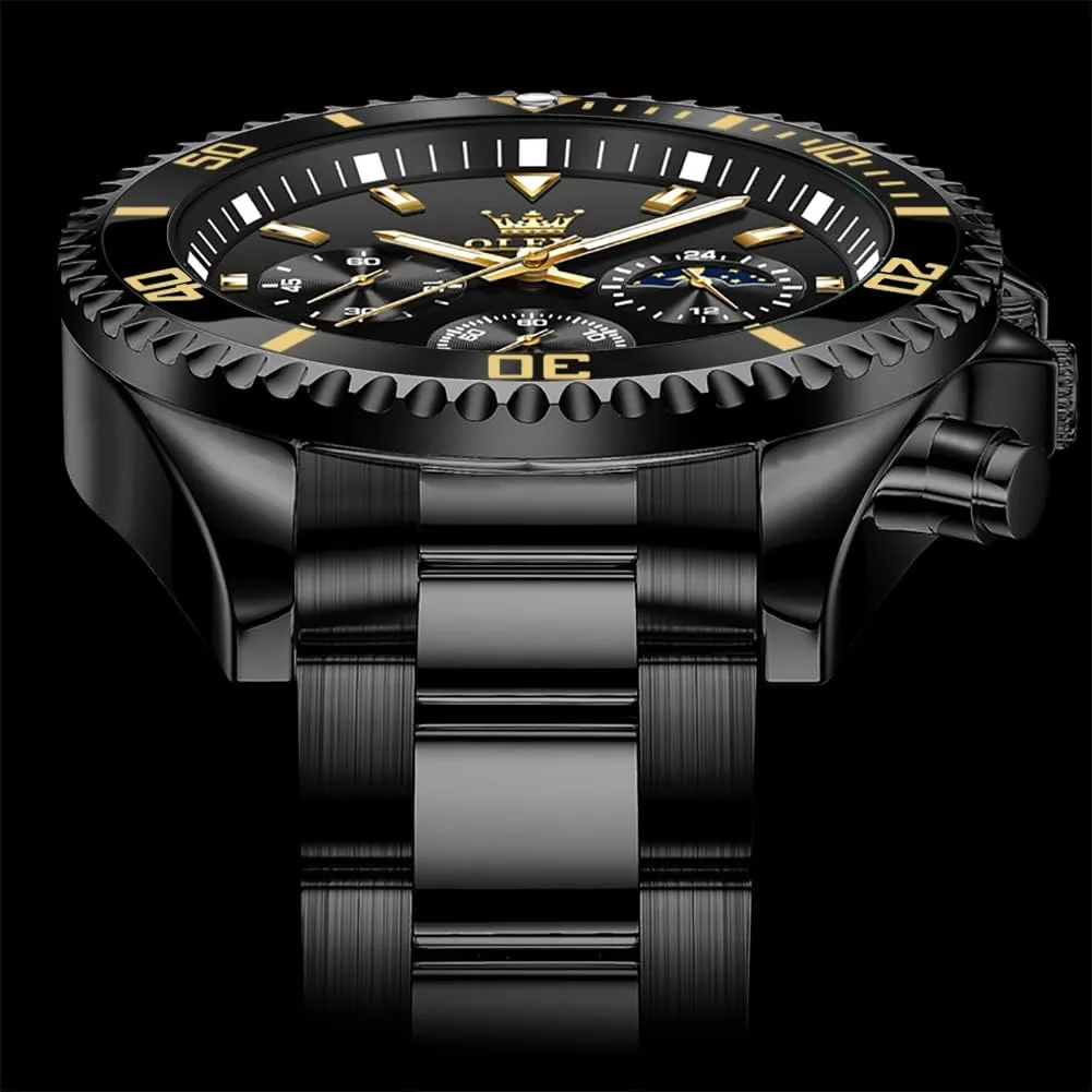OLEVS Mens Watches Chronograph Luxury Dress Moon Phase Quartz Stainless Steel Waterproof Luminous Business Calendar Wrist Watch