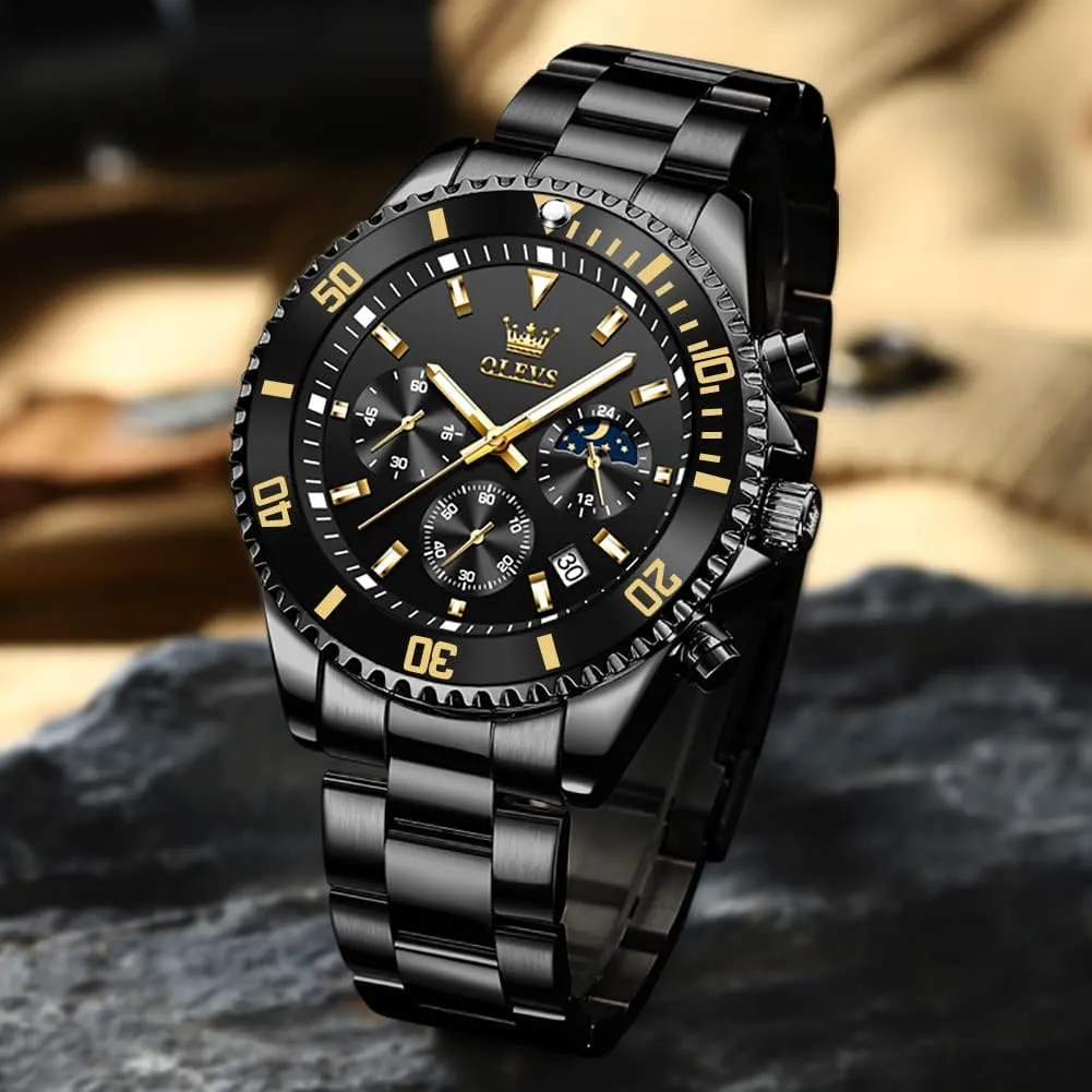 OLEVS Mens Watches Chronograph Luxury Dress Moon Phase Quartz Stainless Steel Waterproof Luminous Business Calendar Wrist Watch