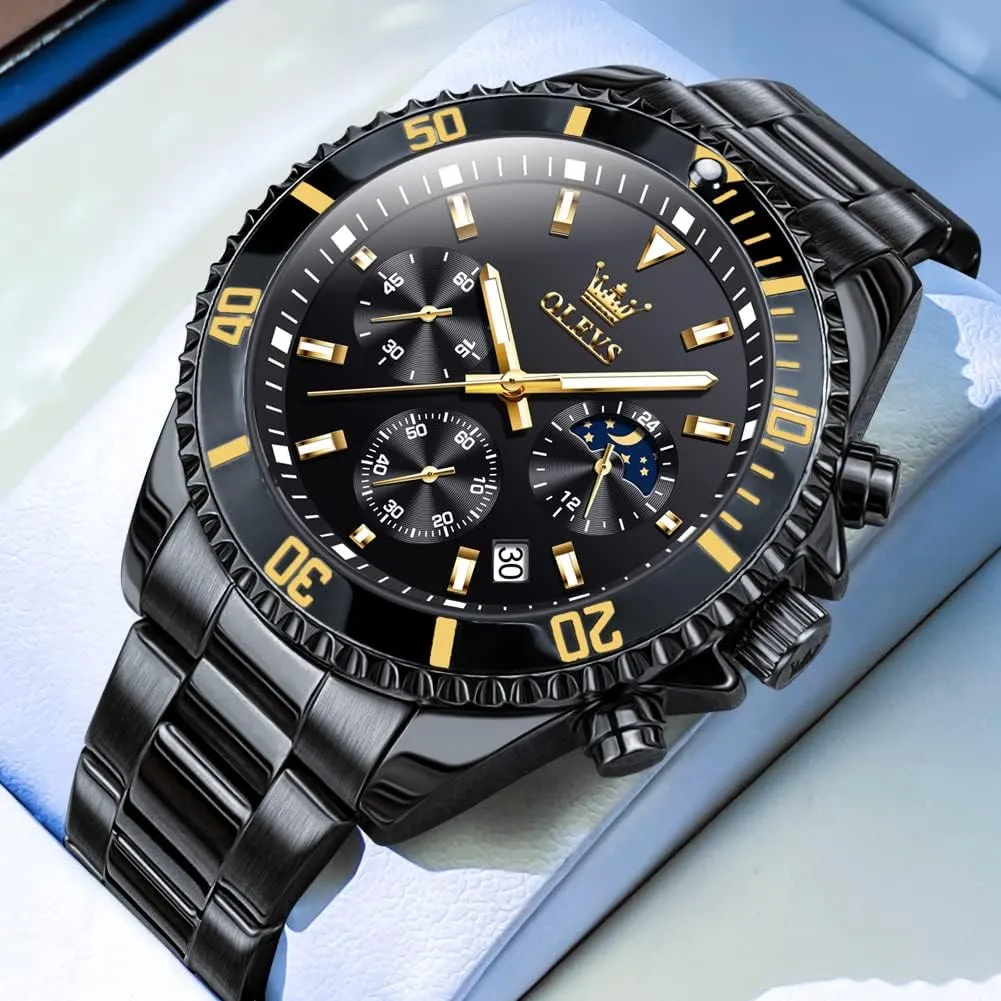 OLEVS Mens Watches Chronograph Luxury Dress Moon Phase Quartz Stainless Steel Waterproof Luminous Business Calendar Wrist Watch