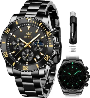 OLEVS Mens Watches Chronograph Luxury Dress Moon Phase Quartz Stainless Steel Waterproof Luminous Business Calendar Wrist Watch