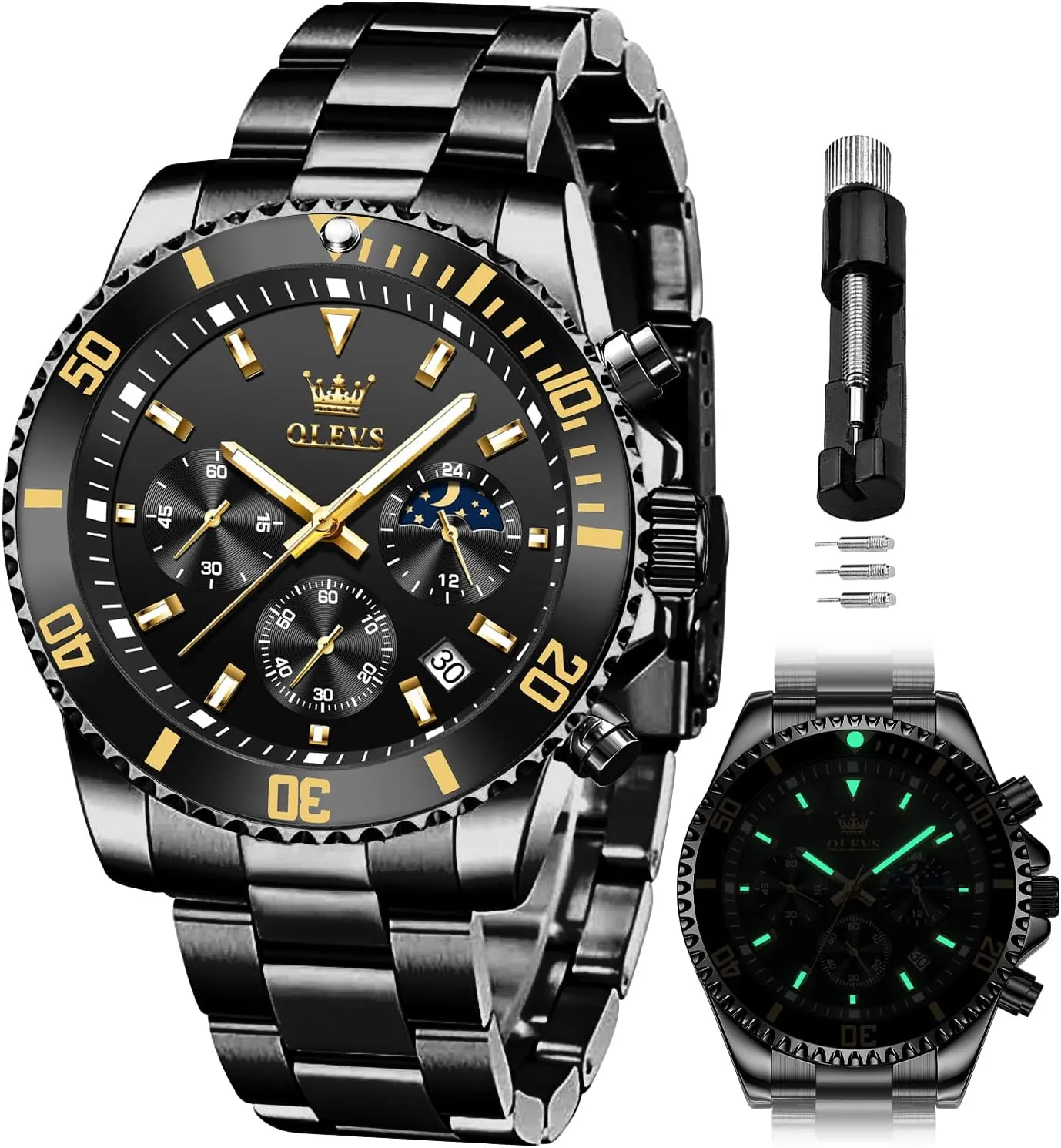 OLEVS Mens Watches Chronograph Luxury Dress Moon Phase Quartz Stainless Steel Waterproof Luminous Business Calendar Wrist Watch