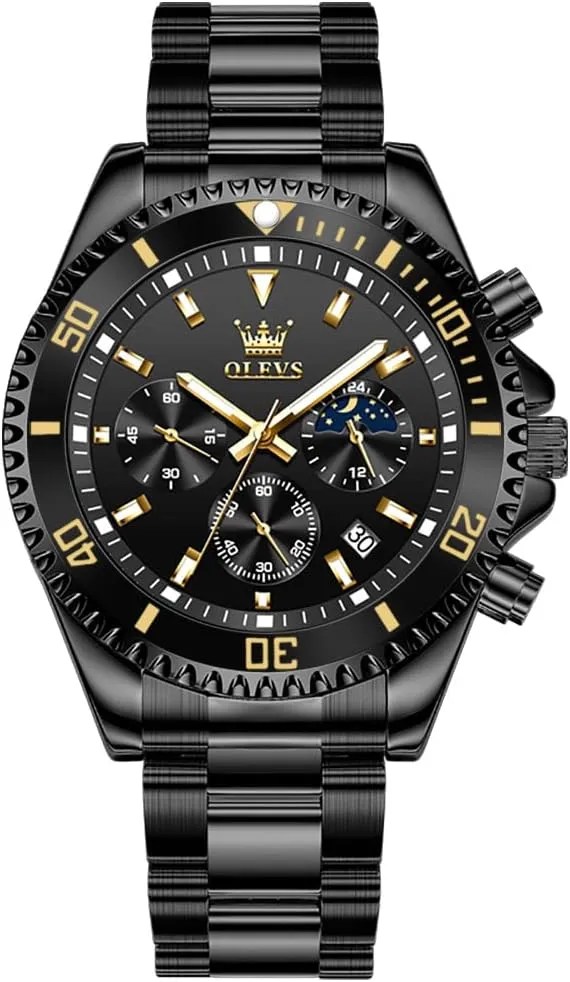 OLEVS Mens Watches Chronograph Luxury Dress Moon Phase Quartz Stainless Steel Waterproof Luminous Business Calendar Wrist Watch