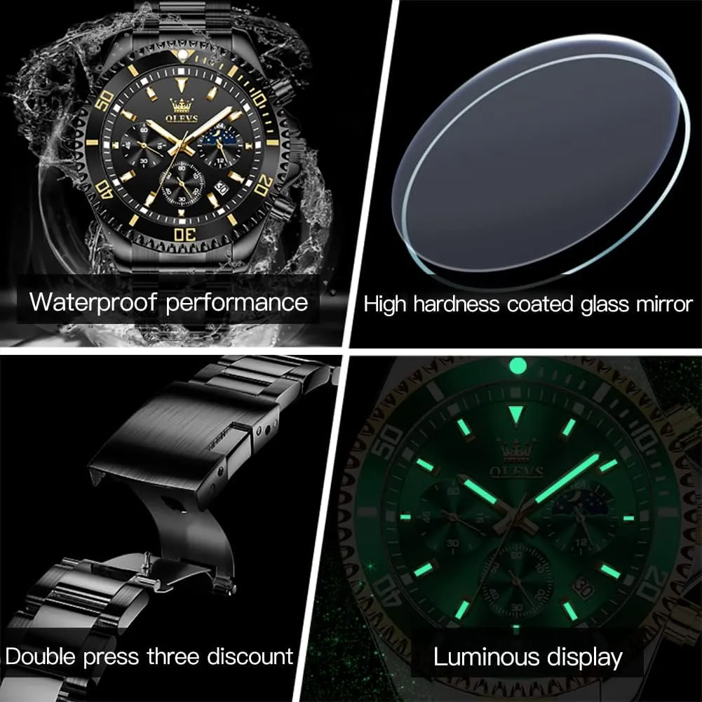 OLEVS Mens Watches Chronograph Luxury Dress Moon Phase Quartz Stainless Steel Waterproof Luminous Business Calendar Wrist Watch