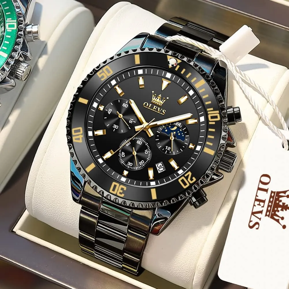 OLEVS Mens Watches Chronograph Luxury Dress Moon Phase Quartz Stainless Steel Waterproof Luminous Business Calendar Wrist Watch