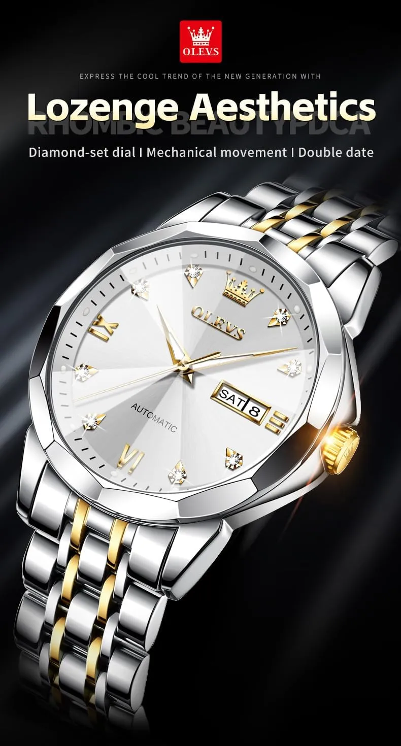 OLEVS Watch for Men Automatic Classic Mechanical Watch Diamond Mirror Stainless Steel Dress Casual Waterproof Day/Date Calendar