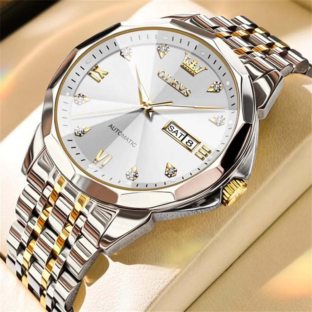 OLEVS Watch for Men Automatic Classic Mechanical Watch Diamond Mirror Stainless Steel Dress Casual Waterproof Day/Date Calendar