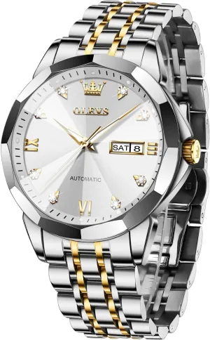 OLEVS Watch for Men Automatic Classic Mechanical Watch Diamond Mirror Stainless Steel Dress Casual Waterproof Day/Date Calendar