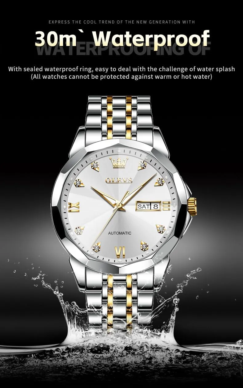 OLEVS Watch for Men Automatic Classic Mechanical Watch Diamond Mirror Stainless Steel Dress Casual Waterproof Day/Date Calendar