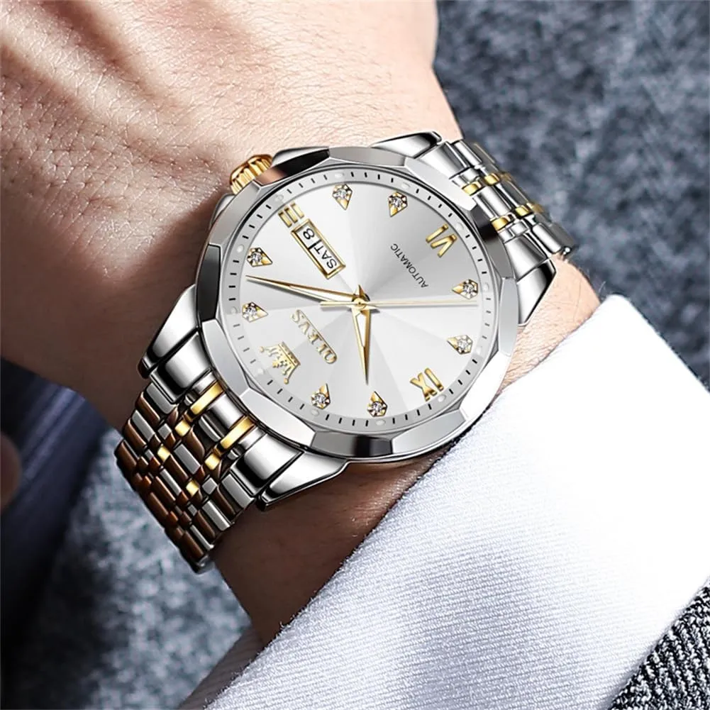 OLEVS Watch for Men Automatic Classic Mechanical Watch Diamond Mirror Stainless Steel Dress Casual Waterproof Day/Date Calendar