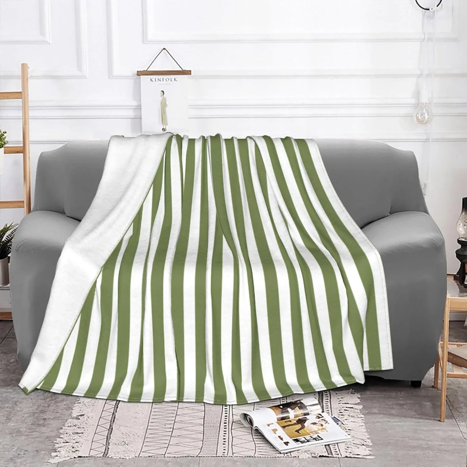 Olive Green and White Candy Stripes 60"X50" Flannel Blanket - 100% Soft Polyester, Lightweight and Warm, Suitable for Families, Camping, Travel