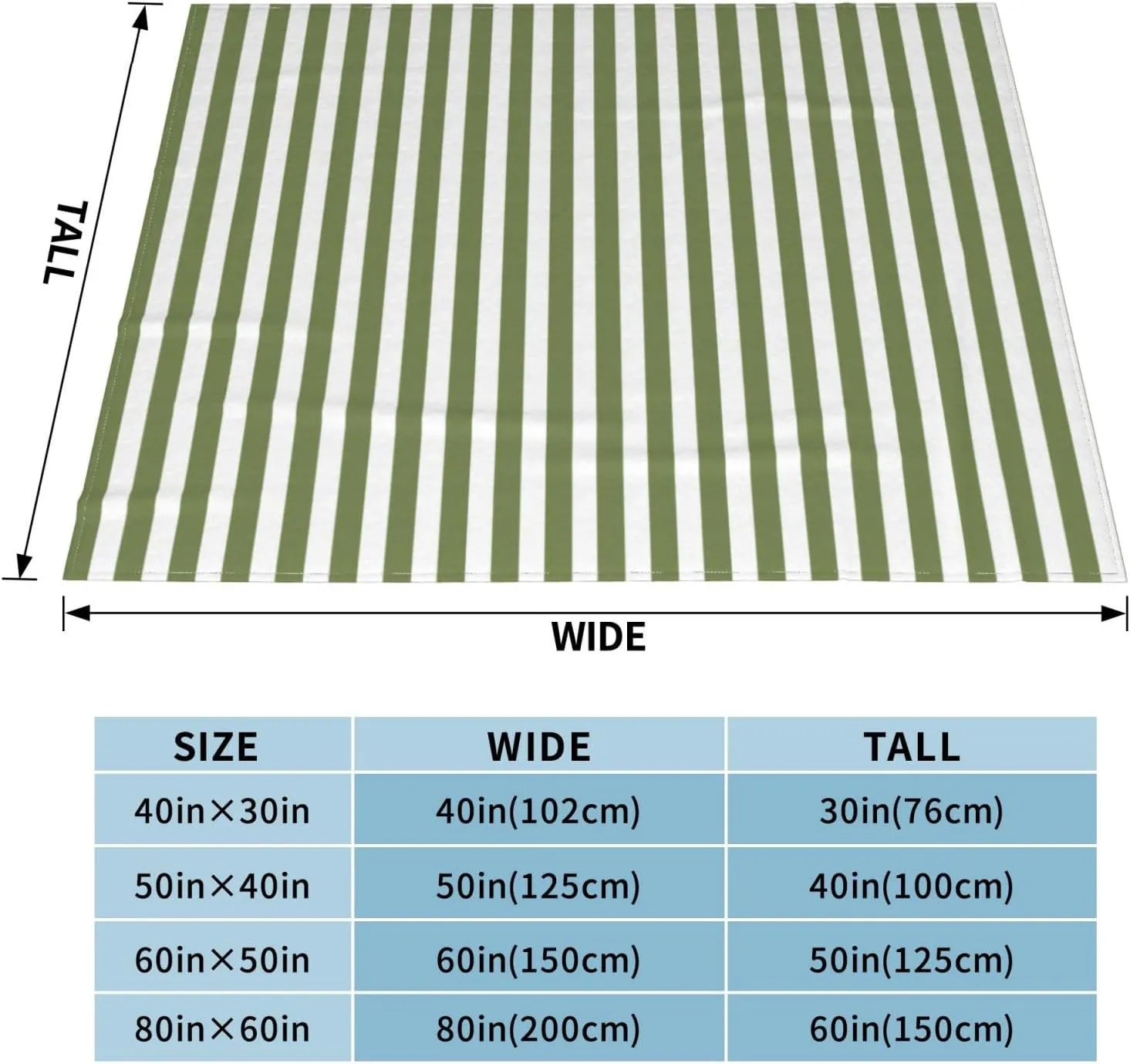 Olive Green and White Candy Stripes 60"X50" Flannel Blanket - 100% Soft Polyester, Lightweight and Warm, Suitable for Families, Camping, Travel