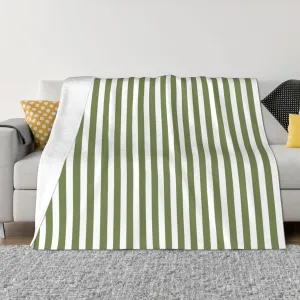 Olive Green and White Candy Stripes 60"X50" Flannel Blanket - 100% Soft Polyester, Lightweight and Warm, Suitable for Families, Camping, Travel