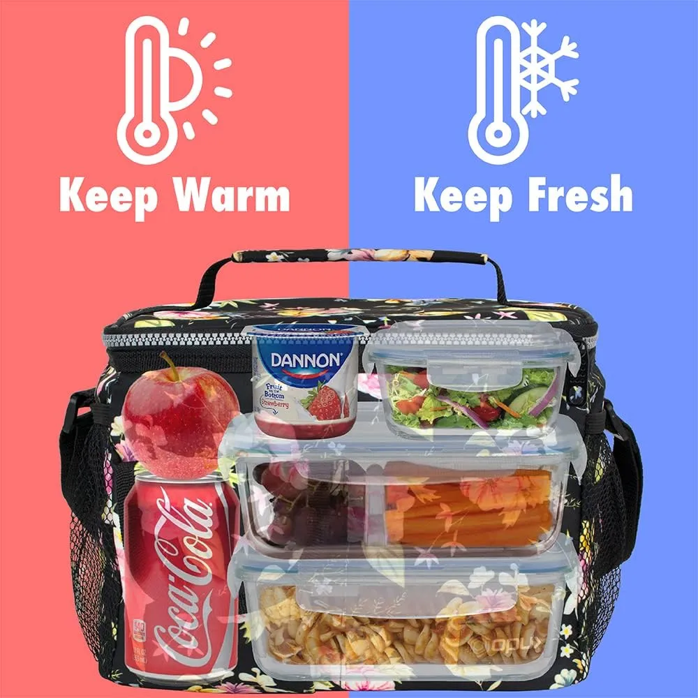 opux Insulated Lunch Bag for Men Women, Leakproof Floral Black Lunch Box for Work, Portable Soft Lunch Cooler Bag with Shoulder Strap, Adult Lunchbox Lunch Pail for Kid Boy Girl School, 14 Can/8L