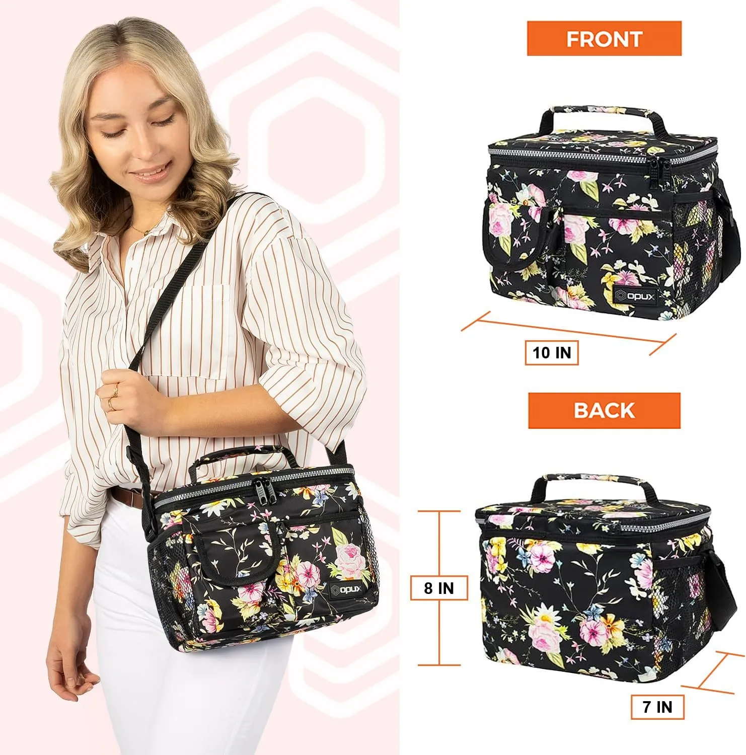 opux Insulated Lunch Bag for Men Women, Leakproof Floral Black Lunch Box for Work, Portable Soft Lunch Cooler Bag with Shoulder Strap, Adult Lunchbox Lunch Pail for Kid Boy Girl School, 14 Can/8L