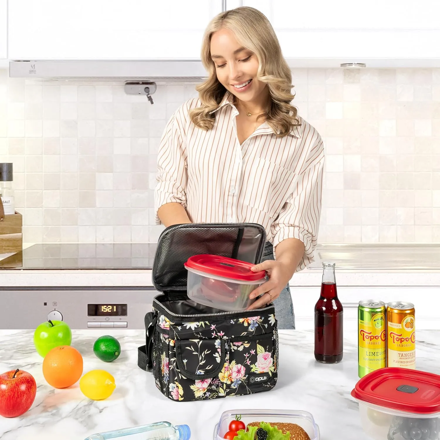 opux Insulated Lunch Bag for Men Women, Leakproof Floral Black Lunch Box for Work, Portable Soft Lunch Cooler Bag with Shoulder Strap, Adult Lunchbox Lunch Pail for Kid Boy Girl School, 14 Can/8L