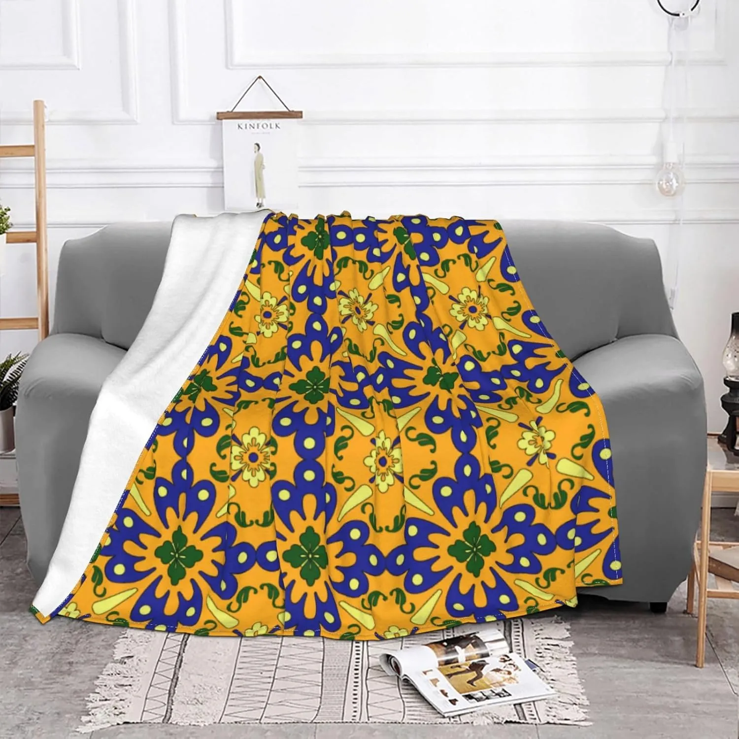 Orange Blue and Yellow Spanish Tile Pattern 60"X50" Flannel Blanket - 100% Soft Polyester, Lightweight and Warm, Suitable for Families, Camping, Travel