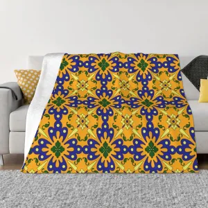 Orange Blue and Yellow Spanish Tile Pattern 60"X50" Flannel Blanket - 100% Soft Polyester, Lightweight and Warm, Suitable for Families, Camping, Travel