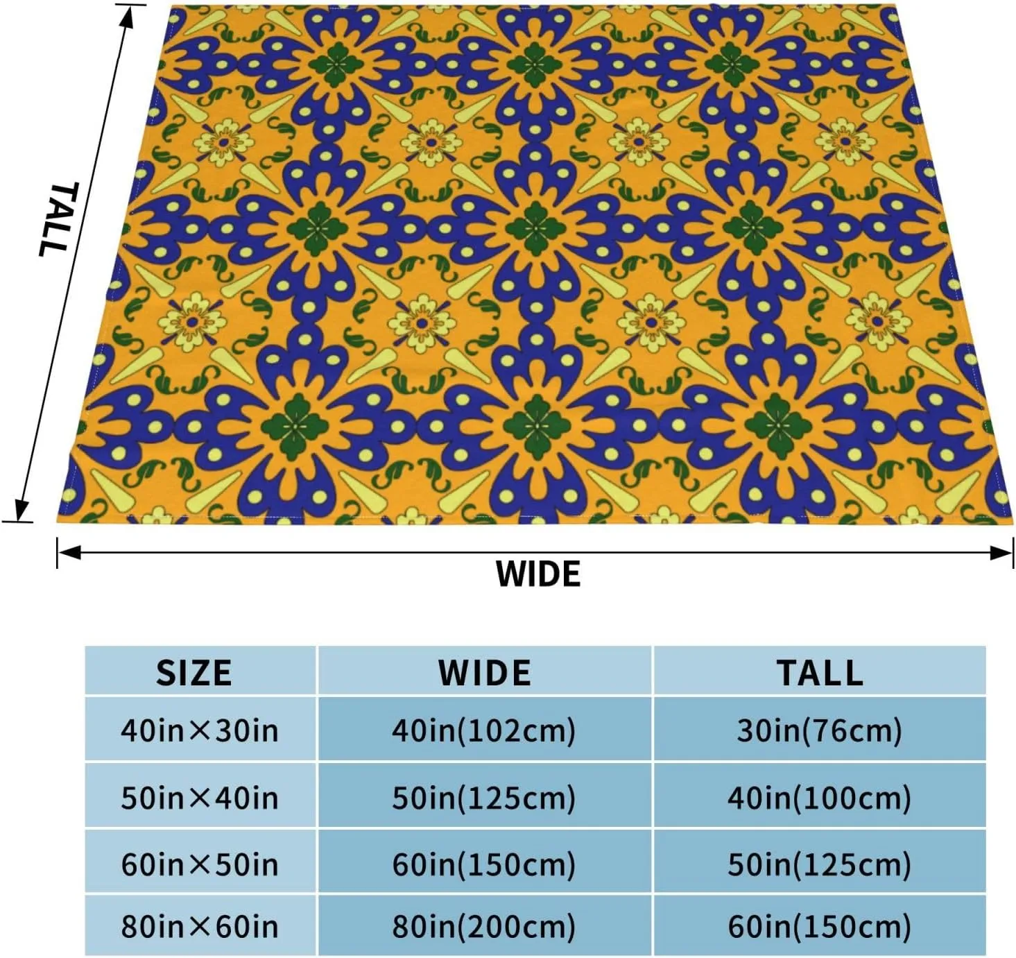 Orange Blue and Yellow Spanish Tile Pattern 60"X50" Flannel Blanket - 100% Soft Polyester, Lightweight and Warm, Suitable for Families, Camping, Travel
