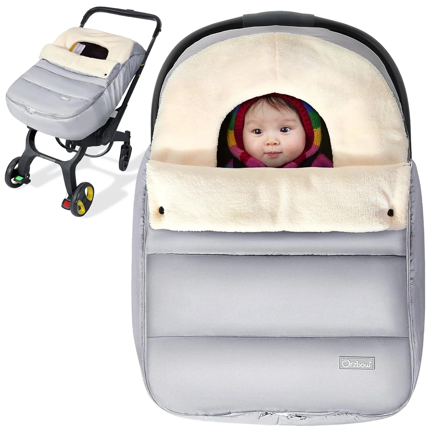 Orzbow Car Seat Covers for Babies Winter, Universal Baby Car Seat Cover with Adjustable Collar, Waterproof Carseat Cover with Zipper, Warm Coral Fleece, Detachable and Machine Washable, Light Grey