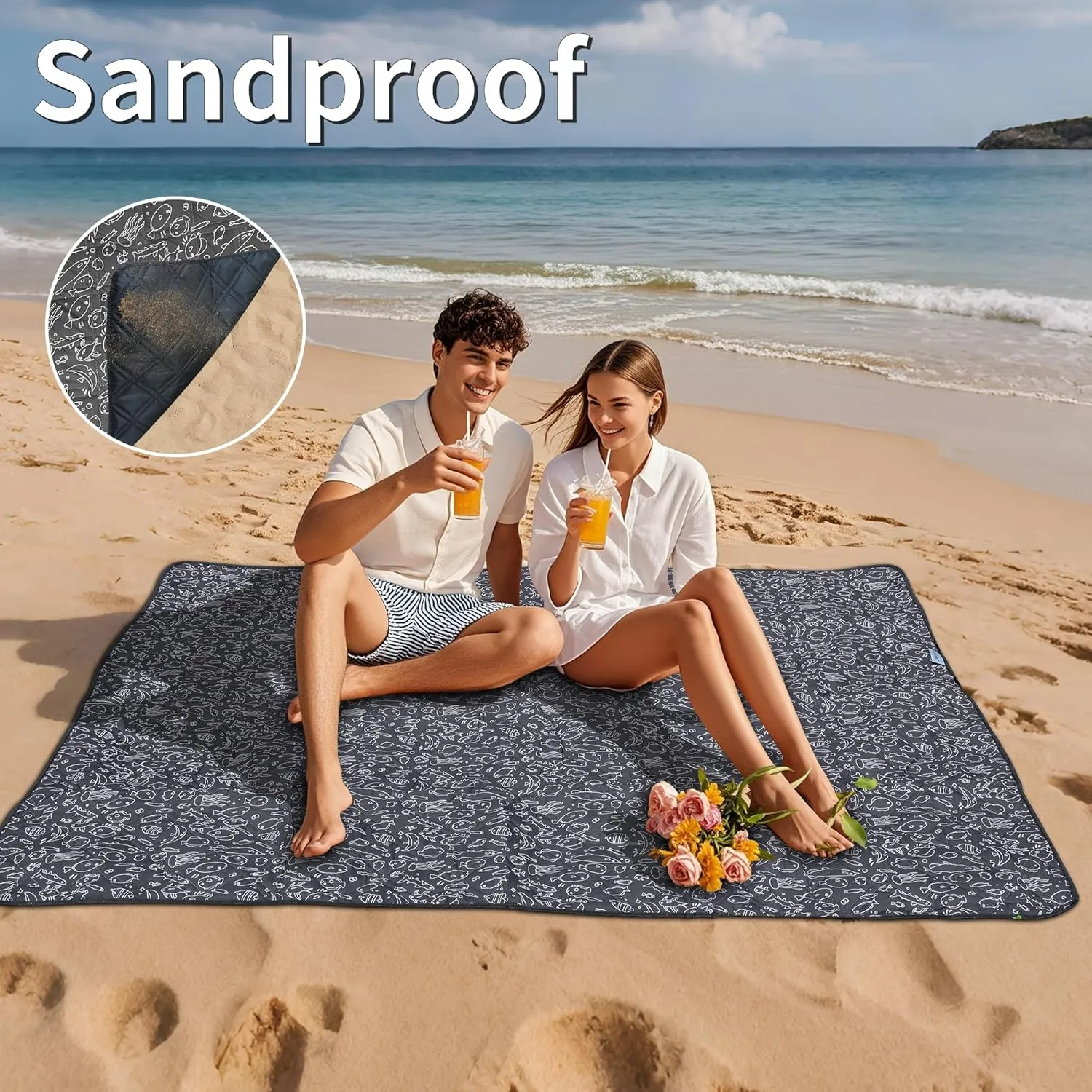Outdoor Picnic Blanket Black Fish 60"x80" Sandproof Beach Blanket Waterproof Picnic Blankets Foldable for Caming, Beach, Outdoor Activities.