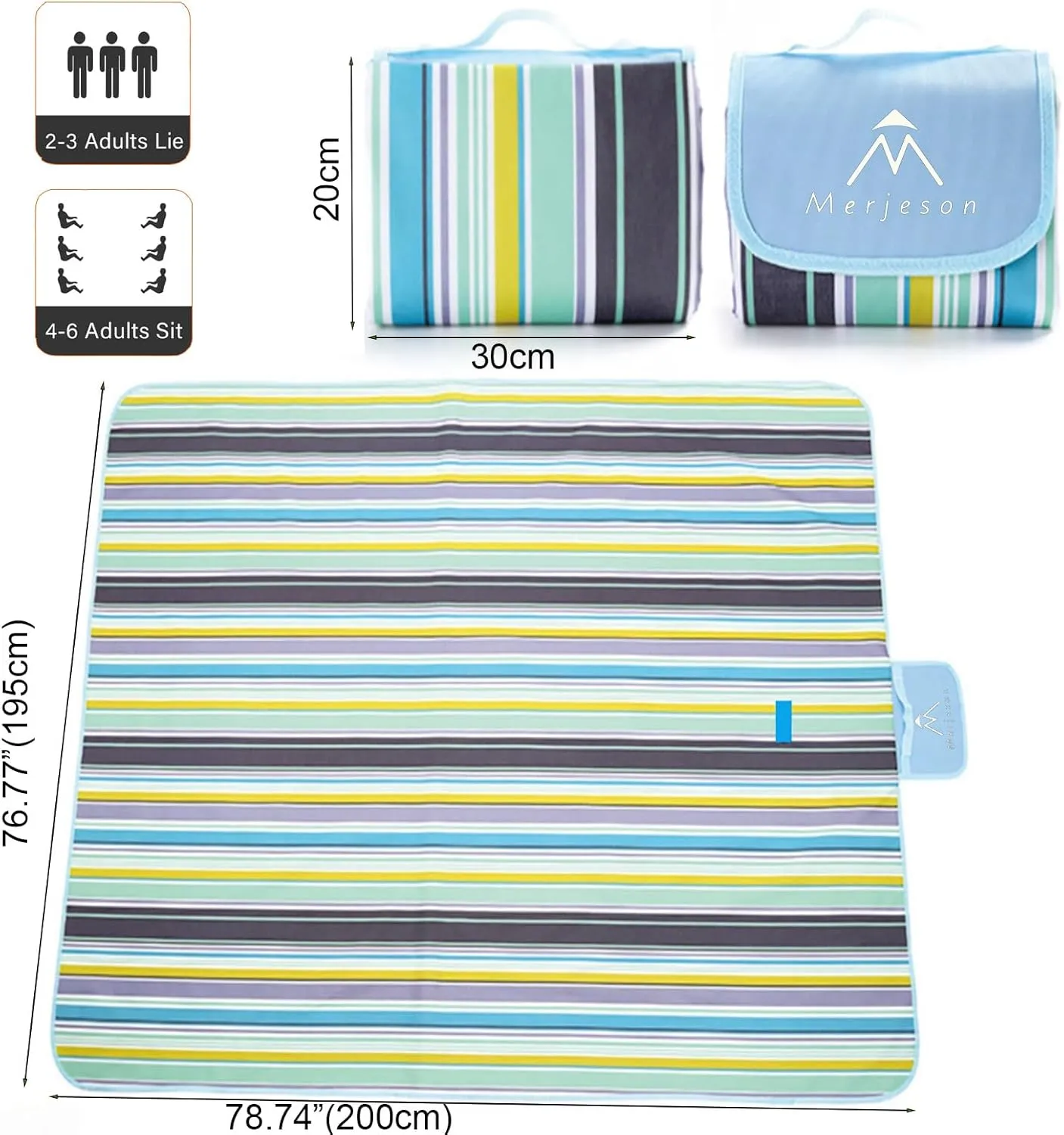Outdoor Picnic Blanket, Waterproof Foldable, Extra Large 79x77in, Portable Compact Beach Mat, Oversize Picnic Mat, for Camping&Music Festival&Lawn(Blue line