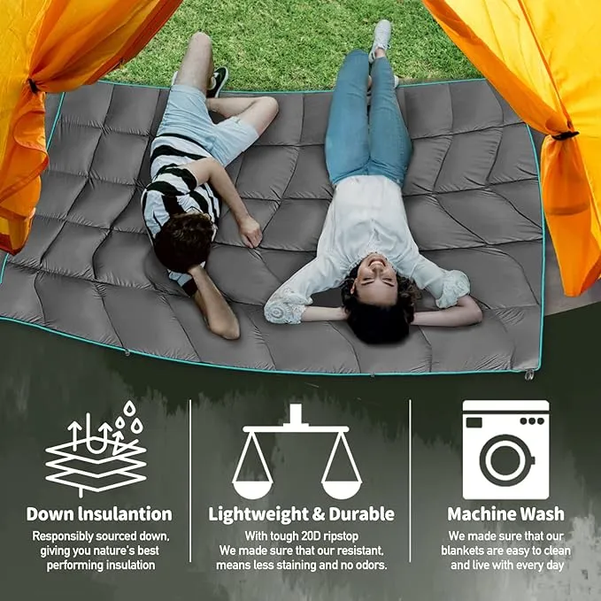 Outdoor Puffy Camping Blanket, Lightweight Down Alternative Puffy Printed Camping Large Ultra Warm Hammock Top Quilt Waterproof Blanket for Traveling Picnic Beach Party Cold Weather (Green Mountain)