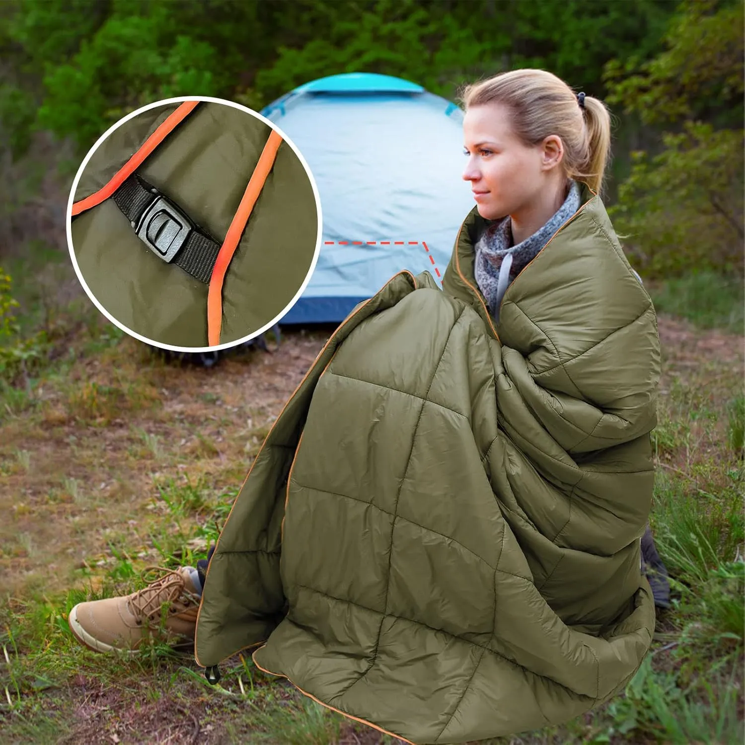 Outdoor Puffy Camping Blanket, Lightweight Down Alternative Puffy Printed Camping Large Ultra Warm Hammock Top Quilt Waterproof Blanket for Traveling Picnic Beach Party Cold Weather (Olive)