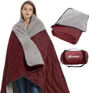 Outdoor/Indoor Sherpa Blanket, Oversized Waterproof Stadium Blanket for Cold Weather. Warm, Soft, Portable, Great for Stadium, Sports Events, Camping, Indoor - 82x56in., Antique Ruby