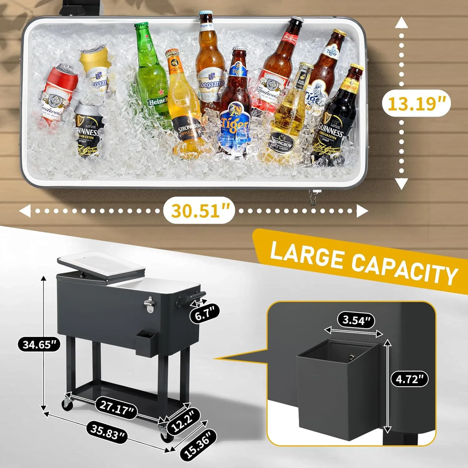 Outvita 80 Quart Rolling Ice Chest, Portable Bar Drink Cooler with Catch Basin, Bottom Storage Tray and Bottle Opener for Patio Party BBQ Beach Activities