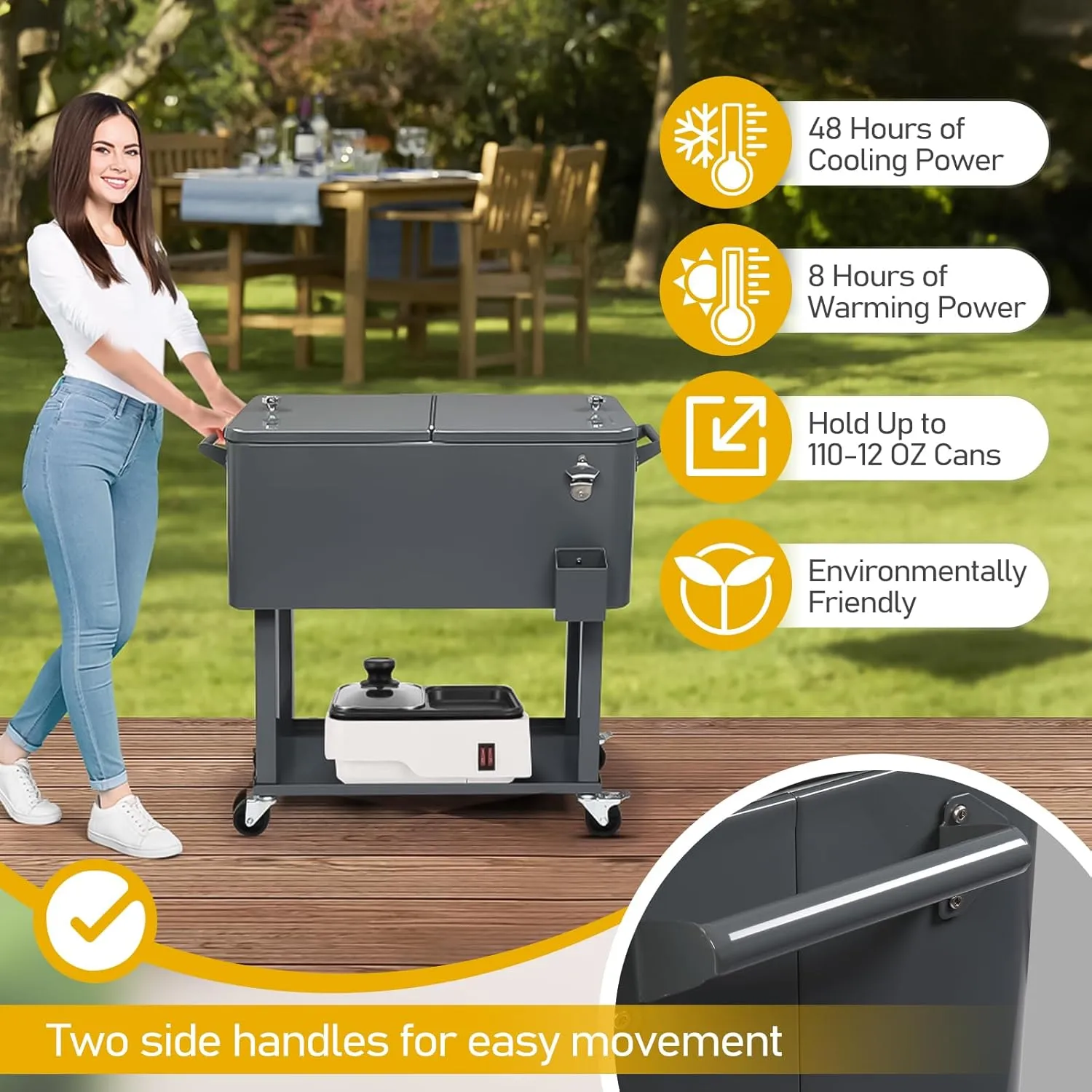 Outvita 80 Quart Rolling Ice Chest, Portable Bar Drink Cooler with Catch Basin, Bottom Storage Tray and Bottle Opener for Patio Party BBQ Beach Activities