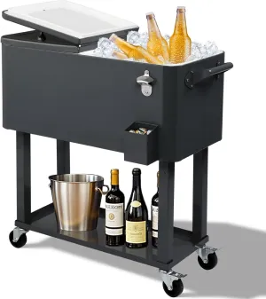 Outvita 80 Quart Rolling Ice Chest, Portable Bar Drink Cooler with Catch Basin, Bottom Storage Tray and Bottle Opener for Patio Party BBQ Beach Activities