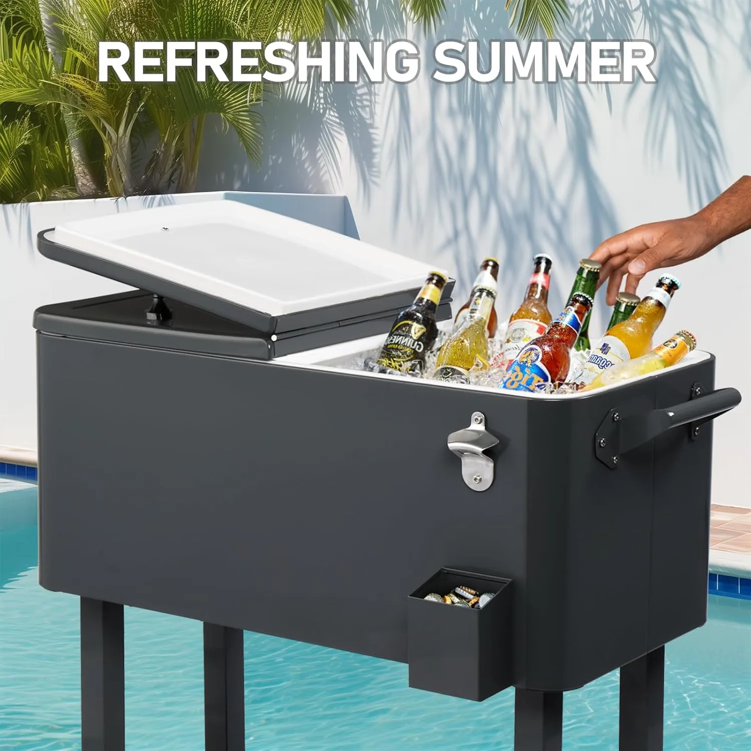Outvita 80 Quart Rolling Ice Chest, Portable Bar Drink Cooler with Catch Basin, Bottom Storage Tray and Bottle Opener for Patio Party BBQ Beach Activities