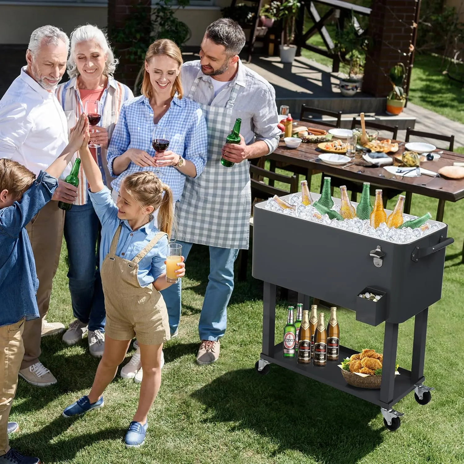 Outvita 80 Quart Rolling Ice Chest, Portable Bar Drink Cooler with Catch Basin, Bottom Storage Tray and Bottle Opener for Patio Party BBQ Beach Activities