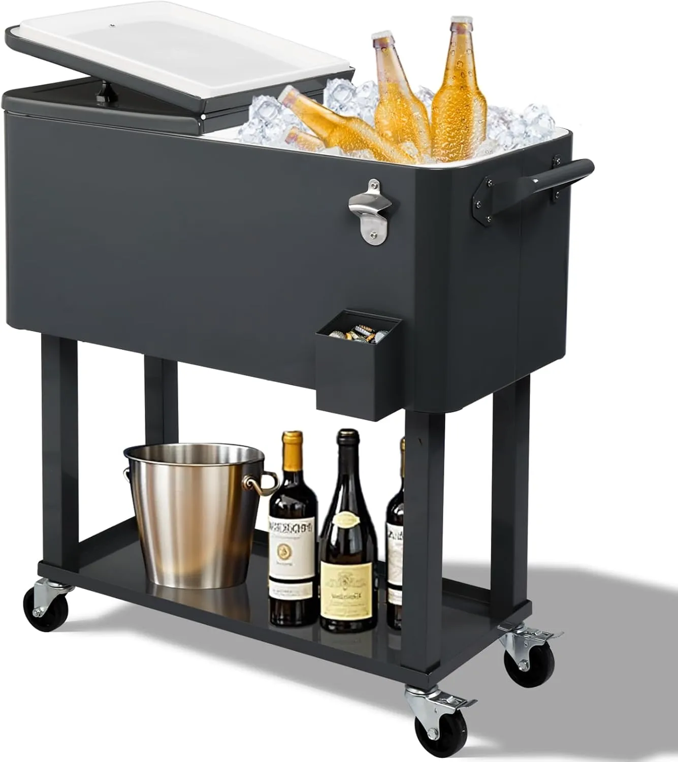 Outvita 80 Quart Rolling Ice Chest, Portable Bar Drink Cooler with Catch Basin, Bottom Storage Tray and Bottle Opener for Patio Party BBQ Beach Activities