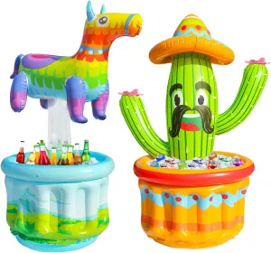 PARENTSWELL 2 Pack Inflatable Cactus Cooler, 47.5'' Blow Up Pool Party Drink Cooler Ice Bucket with Sombrero Hat, Mexican Fiesta Party Decorations Supplies for Cinco De Mayo Party Decor