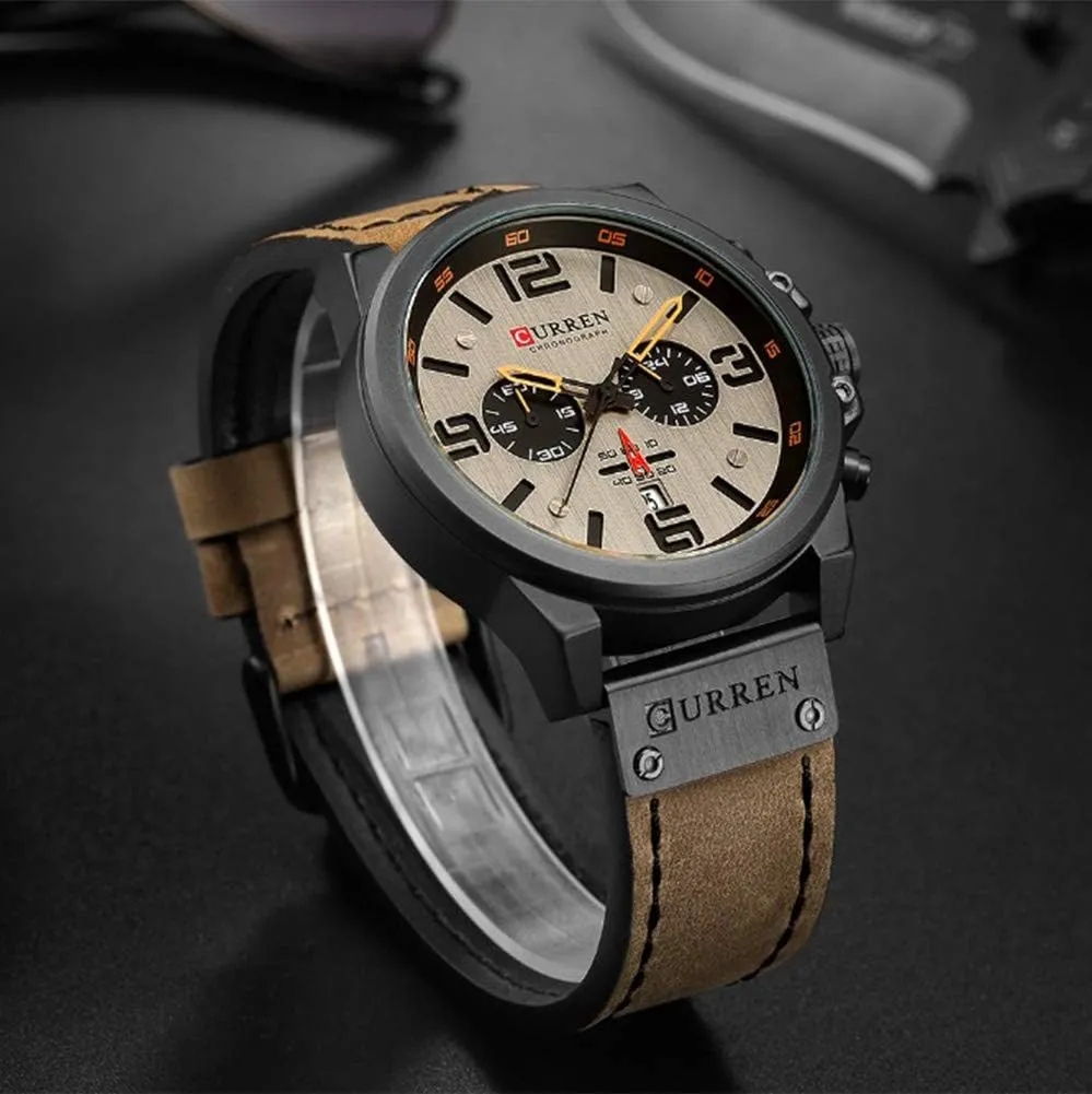 PASOY Dark Brown Chronograph Fashion Trend Multi-Function Waterproof Quartz Watch Leather Strap Military Outdoor Sports Watch