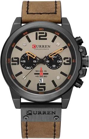 PASOY Dark Brown Chronograph Fashion Trend Multi-Function Waterproof Quartz Watch Leather Strap Military Outdoor Sports Watch