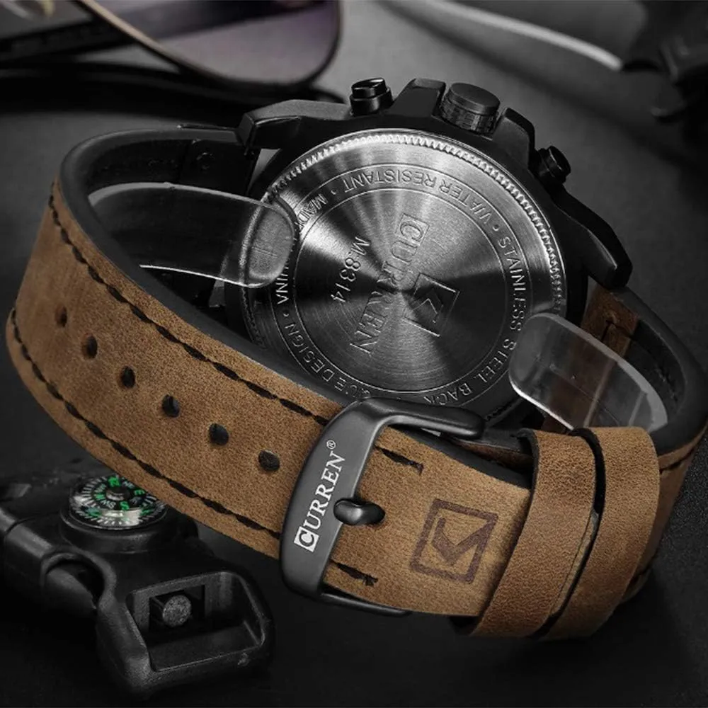 PASOY Dark Brown Chronograph Fashion Trend Multi-Function Waterproof Quartz Watch Leather Strap Military Outdoor Sports Watch