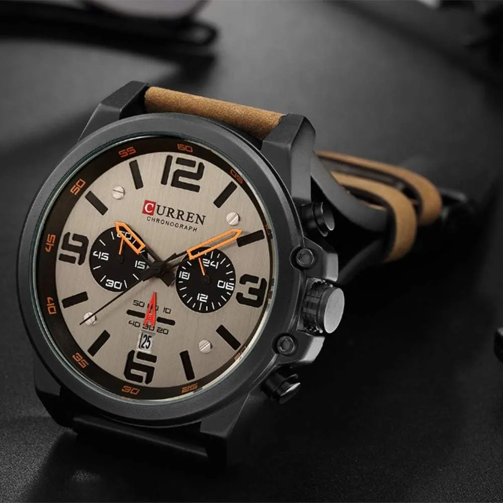 PASOY Dark Brown Chronograph Fashion Trend Multi-Function Waterproof Quartz Watch Leather Strap Military Outdoor Sports Watch