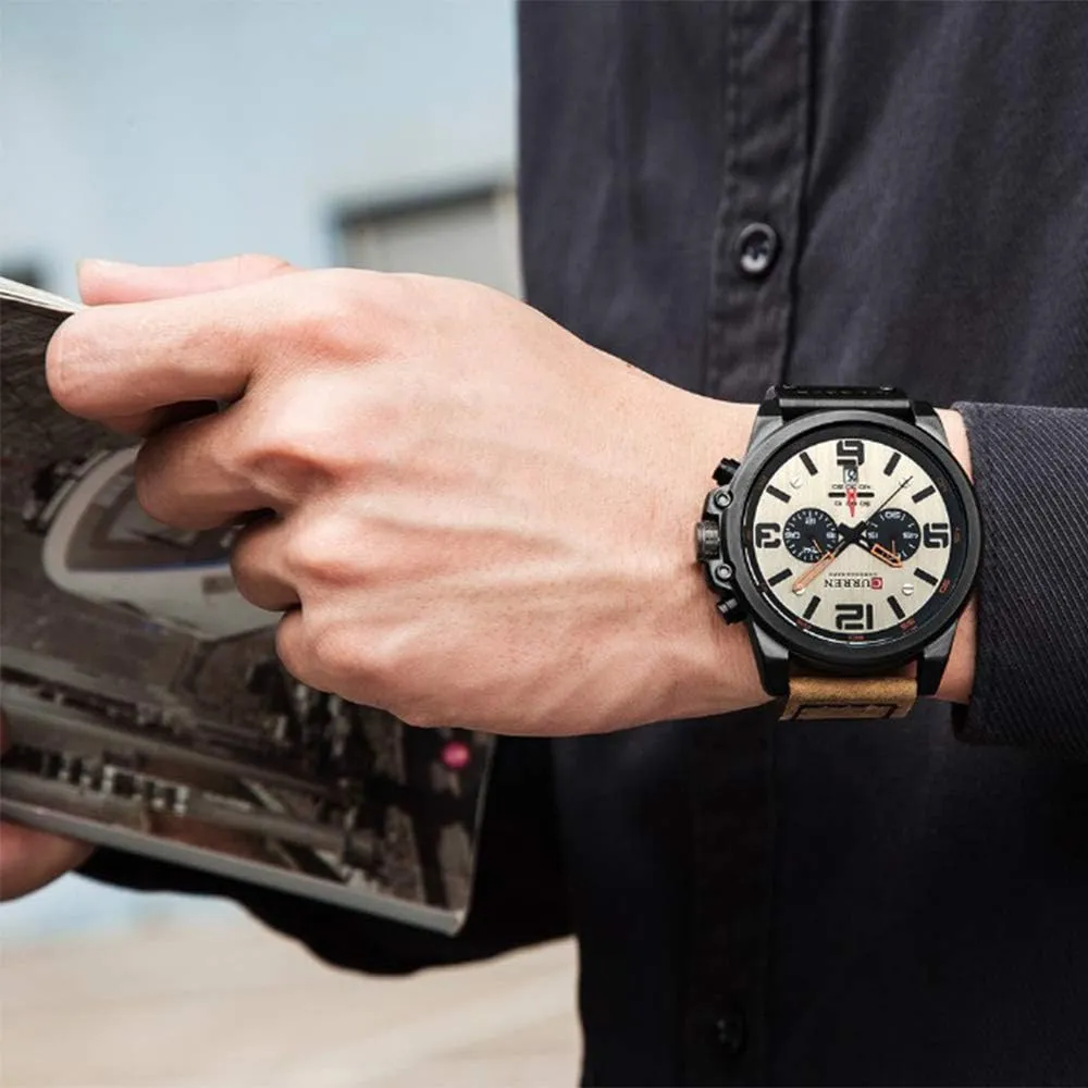 PASOY Dark Brown Chronograph Fashion Trend Multi-Function Waterproof Quartz Watch Leather Strap Military Outdoor Sports Watch
