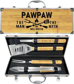 Paw Paw Gifts, Fathers Day Pawpaw Gifts from Grandkids Heavy Duty Wooden BBQ Grilling Accessories Kit for Backyard, Thick Stainless Steel Grill Utensils with Non-Slip Handle Tools in Portable Bag