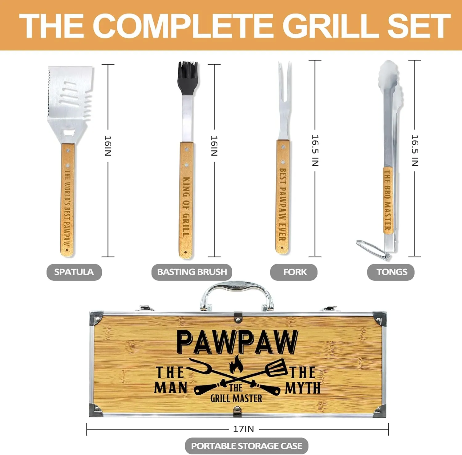Paw Paw Gifts, Fathers Day Pawpaw Gifts from Grandkids Heavy Duty Wooden BBQ Grilling Accessories Kit for Backyard, Thick Stainless Steel Grill Utensils with Non-Slip Handle Tools in Portable Bag