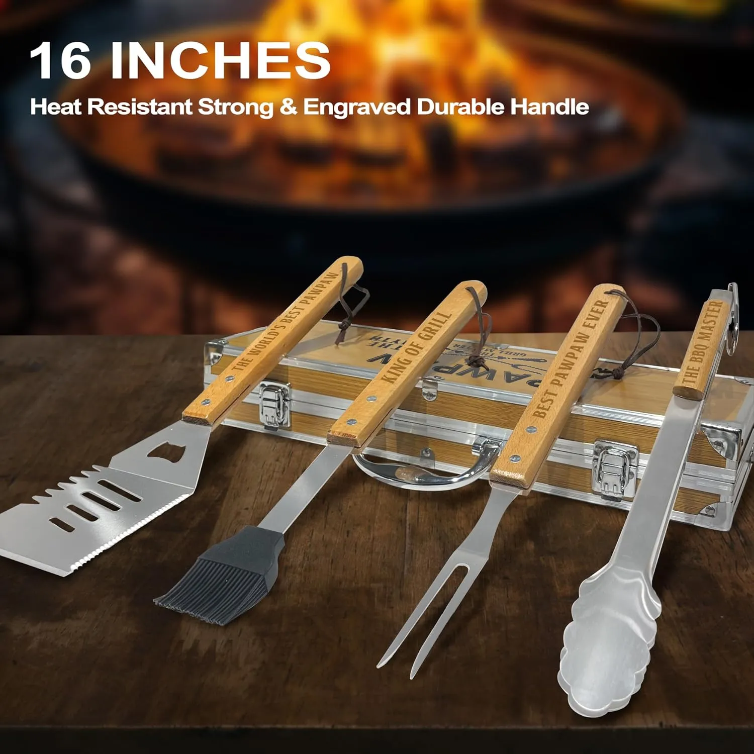 Paw Paw Gifts, Fathers Day Pawpaw Gifts from Grandkids Heavy Duty Wooden BBQ Grilling Accessories Kit for Backyard, Thick Stainless Steel Grill Utensils with Non-Slip Handle Tools in Portable Bag